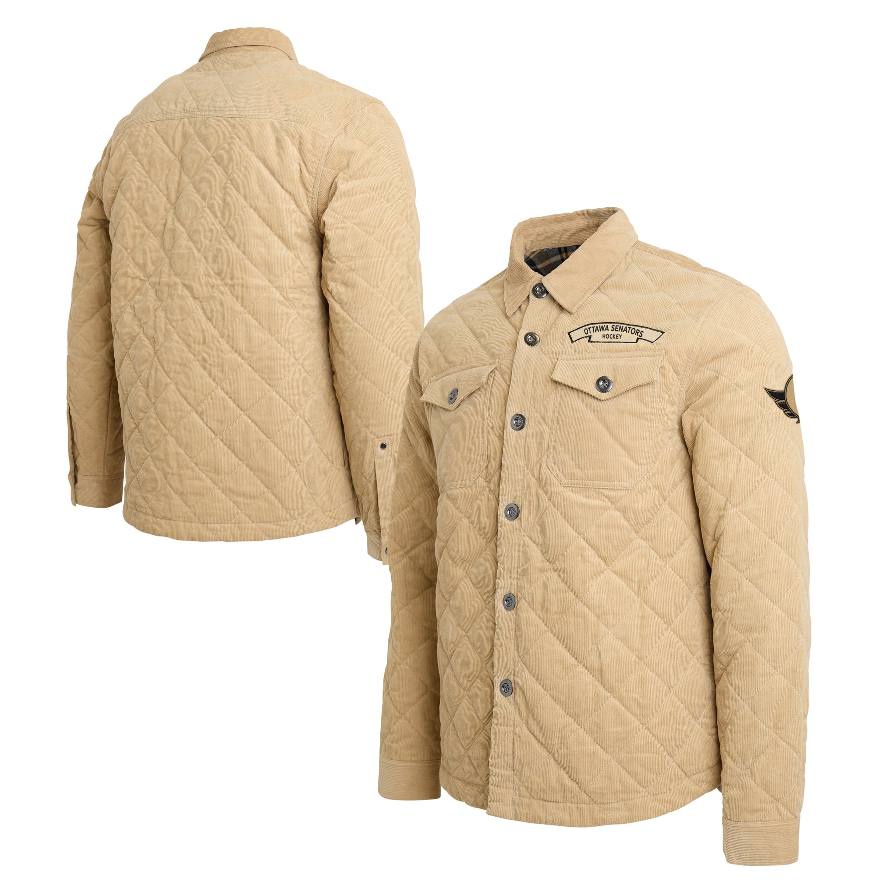 A tan quilted button-up shirt jacket shown from both front and back views on a white background. The jacket features a diamond-quilted pattern, chest flap pockets