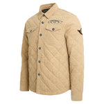 A beige quilted button-up shirt jacket with a collar, chest flap pockets, and a 'Ottawa Senators Hockey' patch on the left chest, shown on a plain white background.