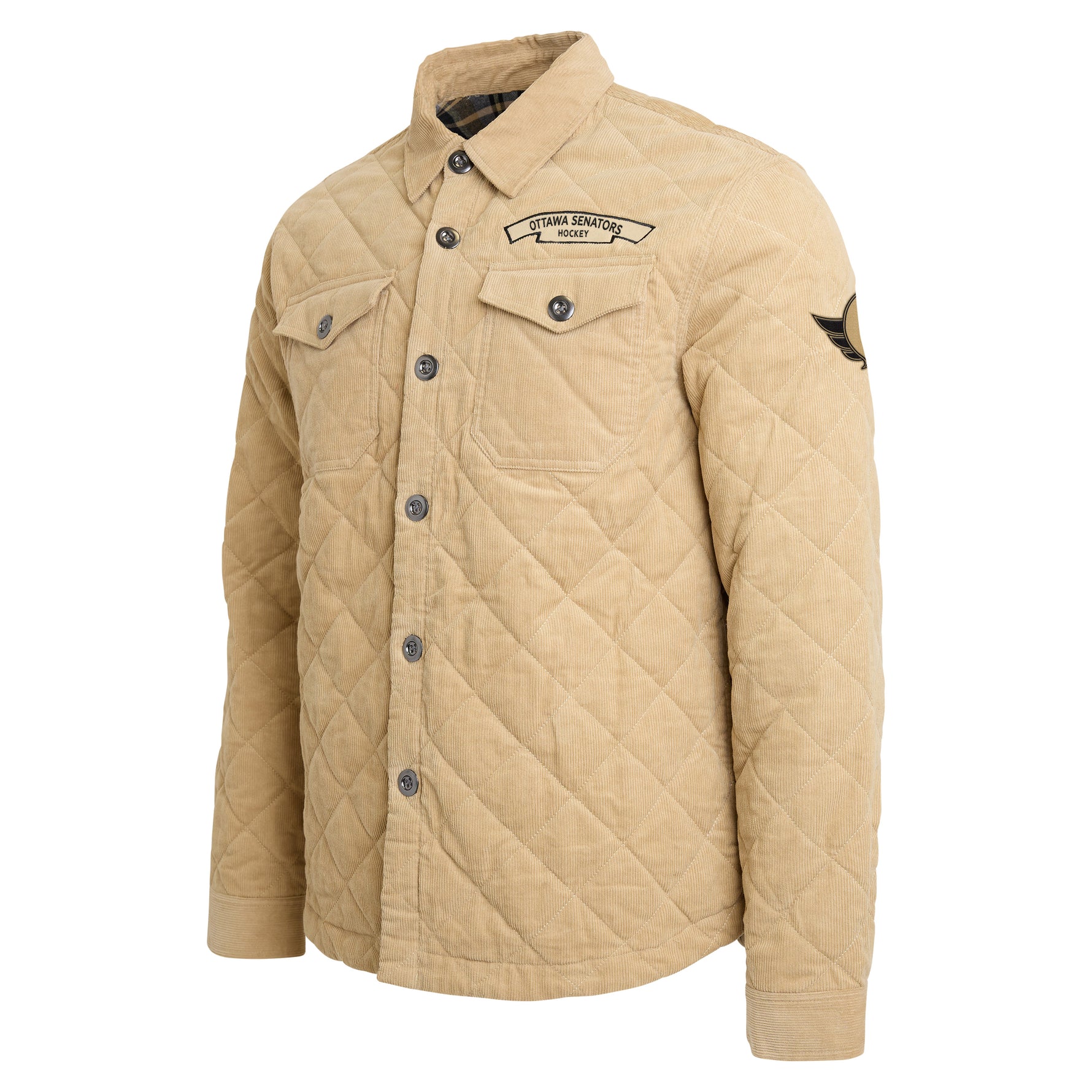 A beige quilted button-up shirt jacket with a collar, chest flap pockets, and a 'Ottawa Senators Hockey' patch on the left chest, shown on a plain white background.