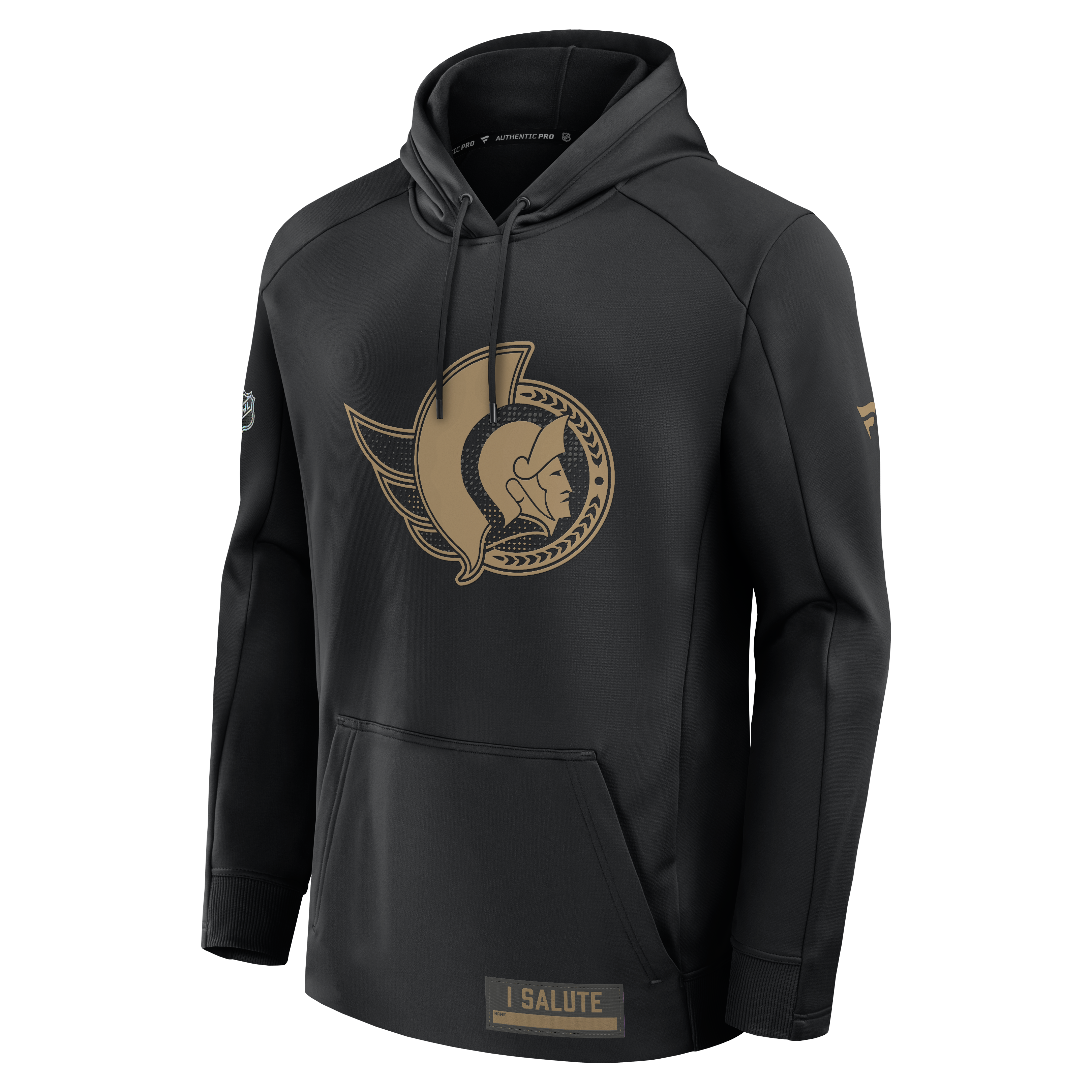 Ottawa Senators Black hoodie with gold logo and I Salute patch for CAF