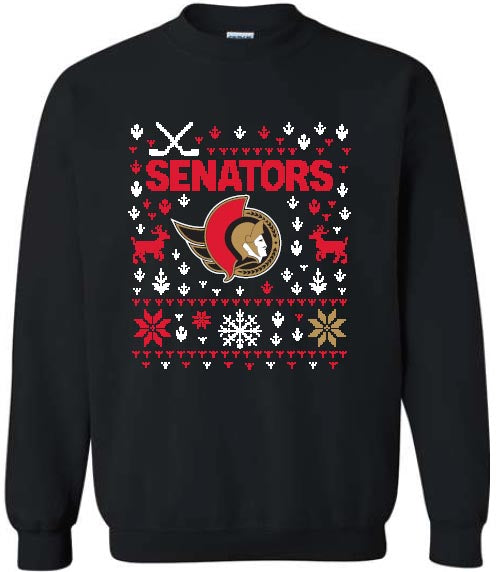 Ottawa Senators Black sweatshirt with 'Senators' logo and holiday-themed design 