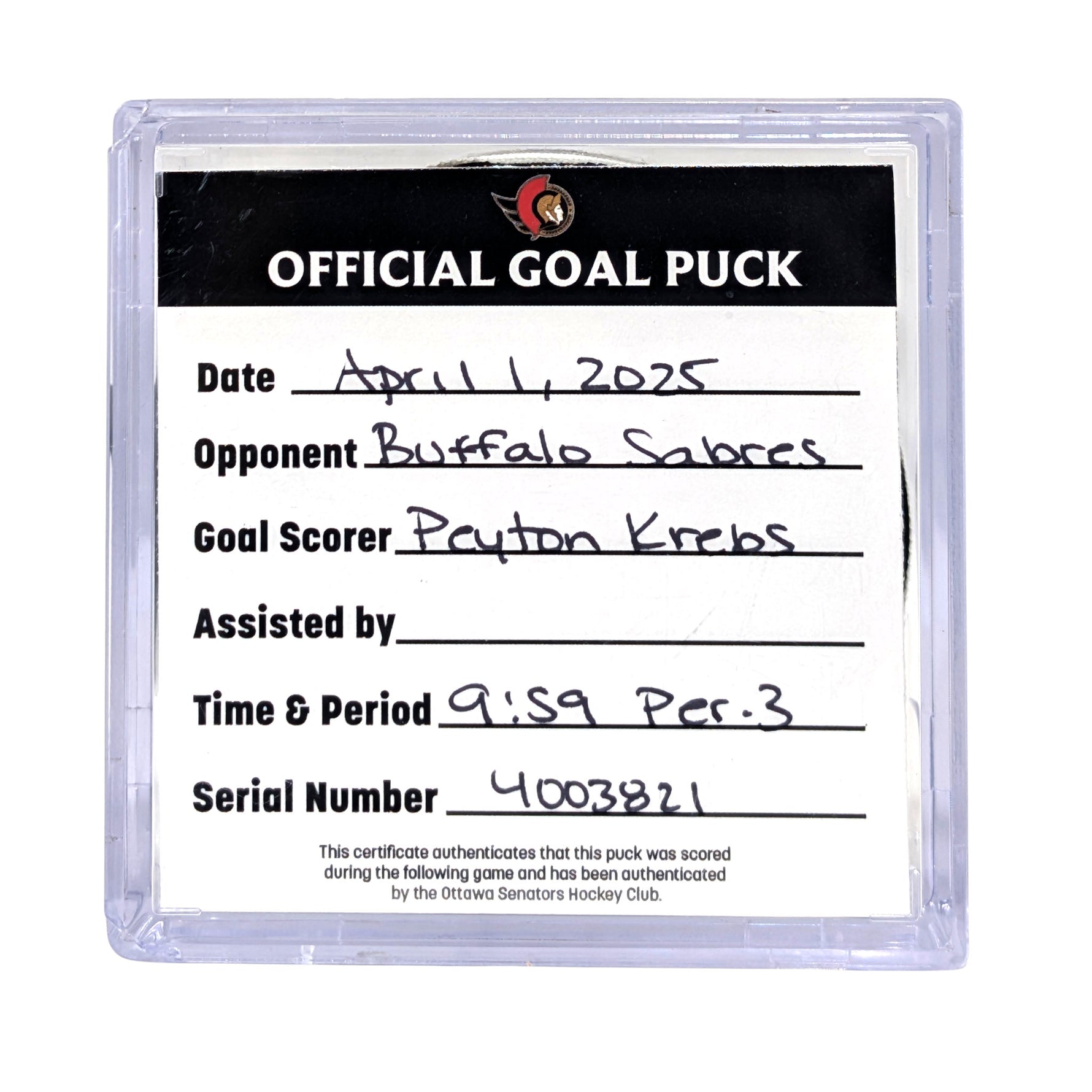 PEYTON KREBS - 2025 GOAL PUCK