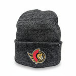 Gray knit beanie with a logo on a white background