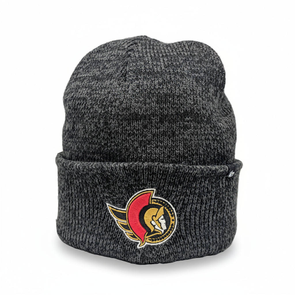 Gray knit beanie with a logo on a white background