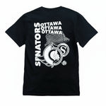 Black t-shirt with white graphics and text on a white background