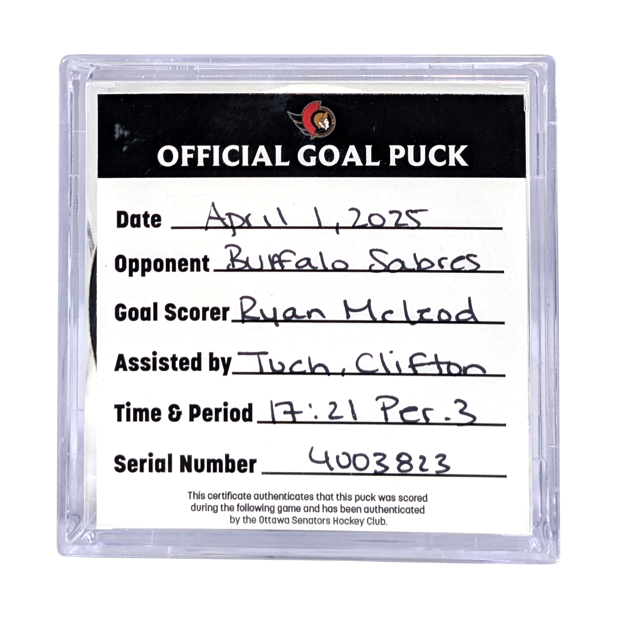 RYAN MCLEOD - 2025 GOAL PUCK