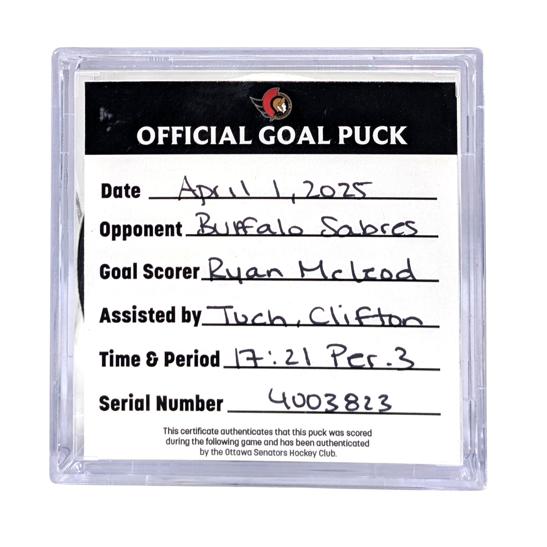 RYAN MCLEOD - 2025 GOAL PUCK