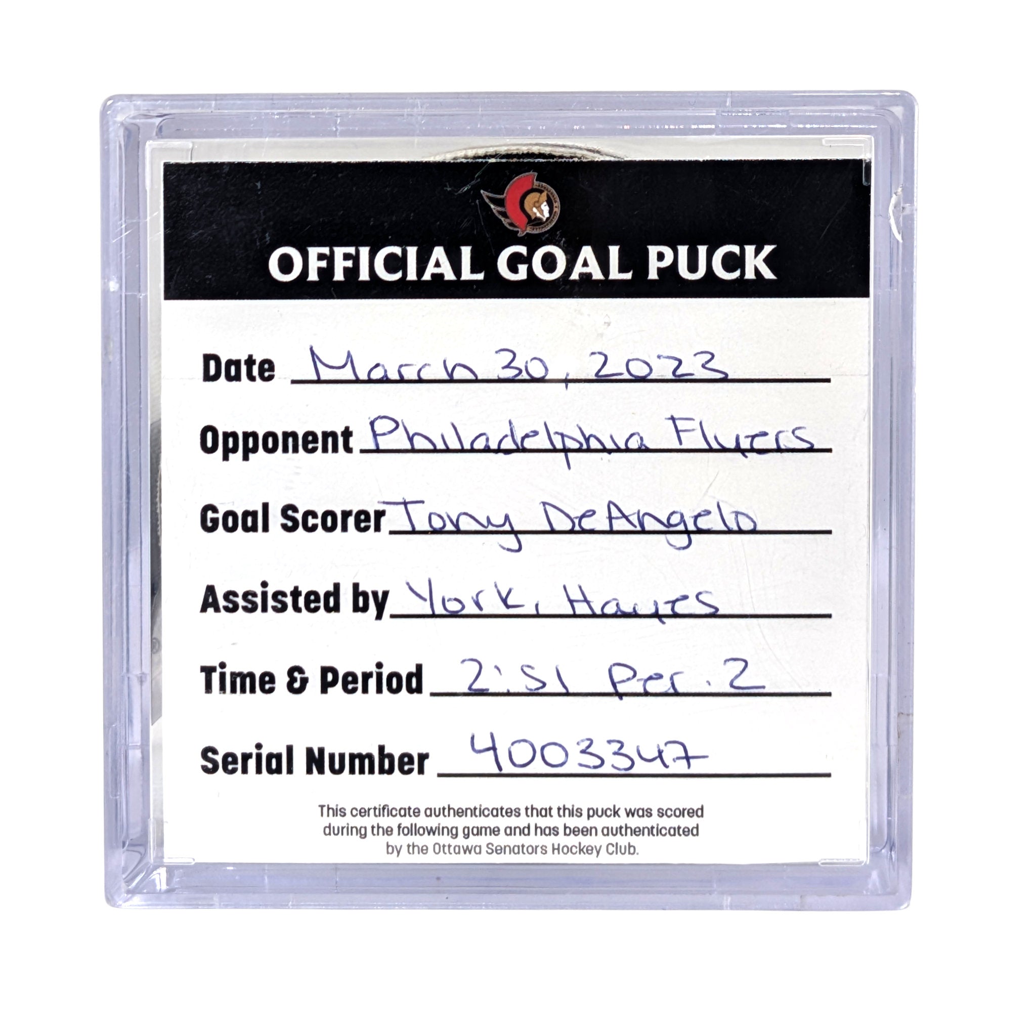 TONY DEANGELO - 2023 GOAL PUCK