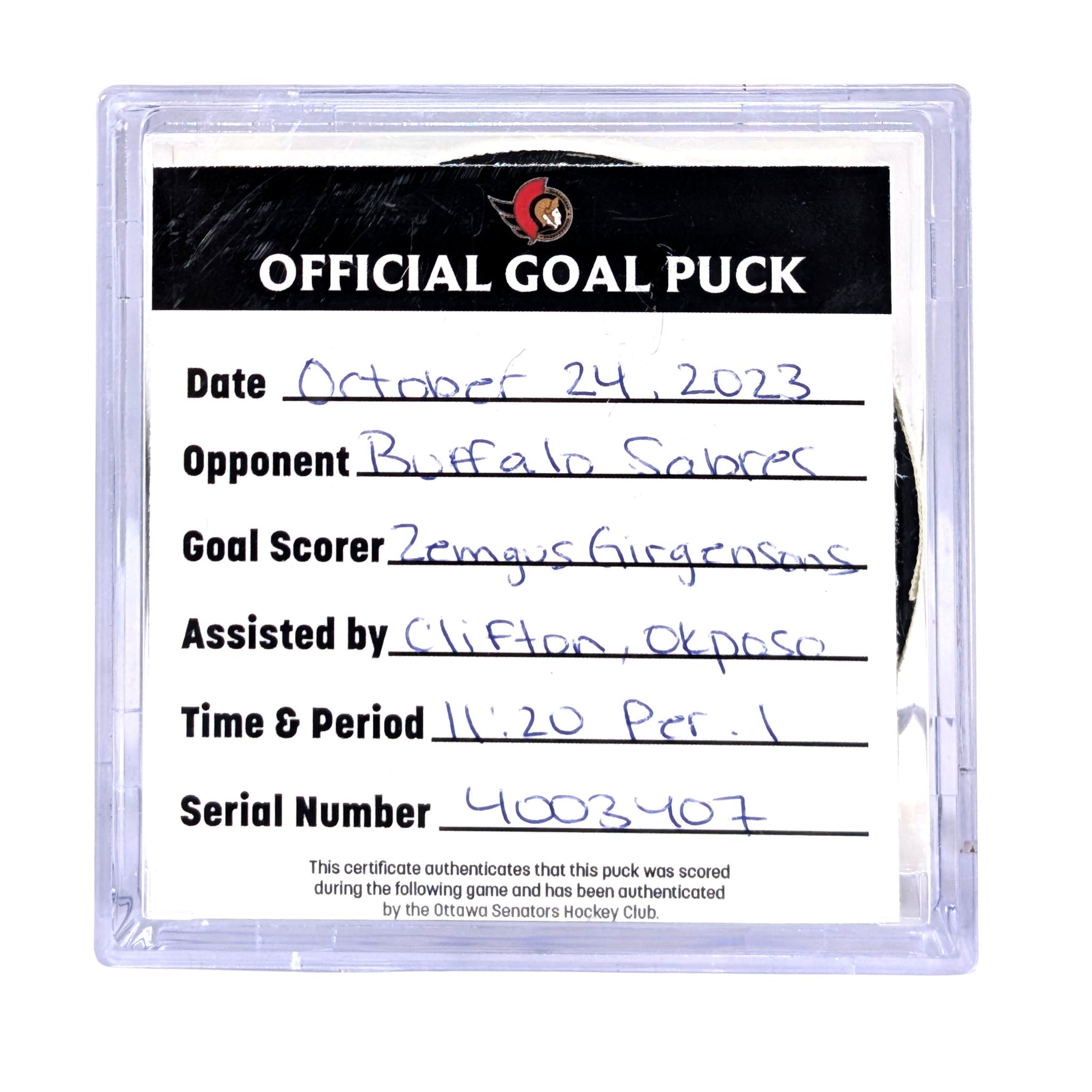 Zemgus Girgensons - 2023 GOAL PUCK