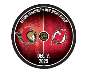 Hockey puck with Ottawa Senators and New Jersey Devils logos