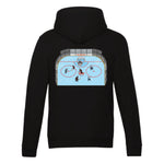 Black hoodie with a Ottawa Senators 16 bit hockey game design printed on the back